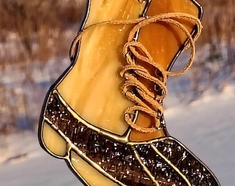 Stained Glass Maine Bean Style Boot with Leather laces Suncatcher Ornament:  Handmade in Maine