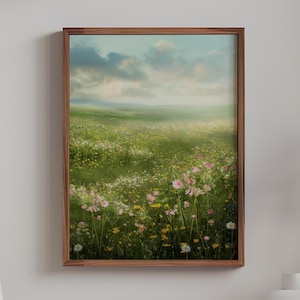 Lush Spring Meadow with Wildflowers - Soft Pastel Landscape Print, Rustic Cottagecore Decor, Printable Spring Wall Art, Nature Scene 231