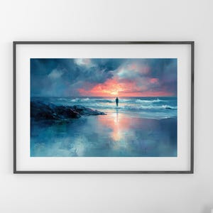 Evening Beach Sunset Printable - Moody Ocean Waves and Dramatic Sky, Coastal Wall Art, Digital Landscape Painting, Summer Decor 66