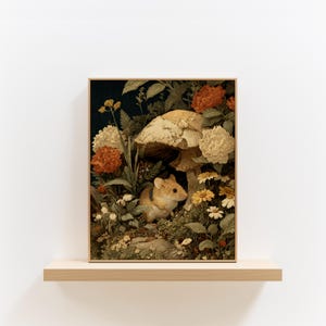 Bezaubernde Waldmaus und Fliegenpilz - Vintage Cottagecore Waldszene, rustikale Natur Kunstdruck, druckbare Wanddekoration, Herbst Charm 242