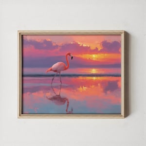 Flamingo at Sunset in Shallow Water - Vibrant Printable Wall Art, Tropical Coastal Sunset Scene, Nature Decor, Digital Art Print 195