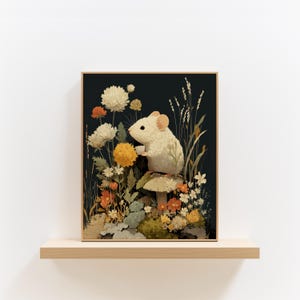 Charmante Maus auf Kröte druckbare Kunst - Cottagecore Tierszene, rustikales Blumendekor, wunderliche Kinderzimmer-Wandkunst, digitaler Download 240