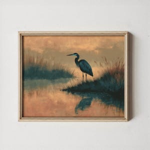 Tranquil Heron in Marshland Painting - Printable Wall Art, Rustic Nature Scene, Earthy Marsh Decor, Great Blue Heron Landscape Print 176