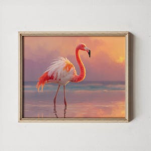 Flamingo at Sunset Printable - Tropical Water Scene, Pink Flamingo Art, Serene Beach Vibe, Tranquil Coastal Wall Decor, Digital Print 197