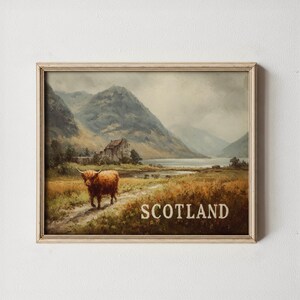 Scottish Highlands Printable Art - Rustic Landscape with Highland Cattle, Scenic Country Decor, Vintage Style Wall Art Painting 212
