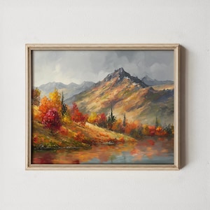 Rustic Autumn Hillside Landscape - Printable Fall Mountain Scene, Earthy Colors Wall Art, Bob Ross Style Digital Painting Decor 126