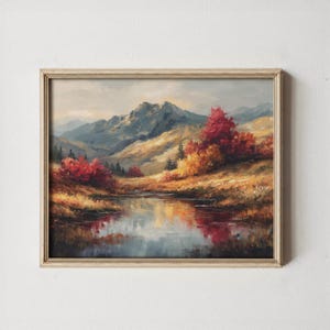 Golden Autumn Hillside - Rustic Fall Landscape Art, Printable Scenic Nature, Bob Ross Style, Serene Hills and Reflections, Wall Decor 127