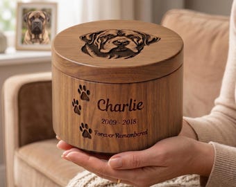 Urna para mascotas grabada con foto – Caja de madera personalizada para cenizas de perro – Recuerdo conmemorativo personalizado para mascotas – Madera de mango – 4 tamaños disponibles