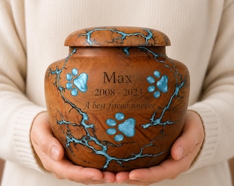Handmade Burn Wood Dog & Cat Cremation Urn | 4 Sizes Available | Wooden Ashes with Resin Paw Prints | Personalized Pet Urn | Pet Loss Gift