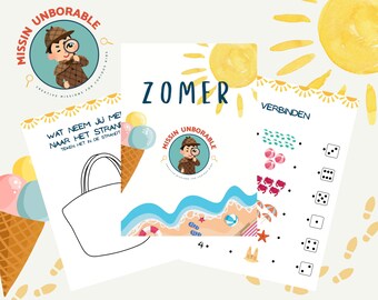 May include: A collection of children's activity sheets with the text "ZOMER" and "VERBINDEN". The sheets feature illustrations of ice cream cones, a beach scene, and connect-the-dots activities. The logo "MISSIN UNBORABLE" is also visible.