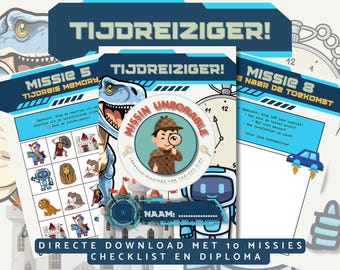 May include: A digital download featuring a blue and white design with the text "TIJDREIZIGER!". The image includes a dinosaur, a cartoon detective, and various mission cards with illustrations. The download includes a checklist and diploma.
