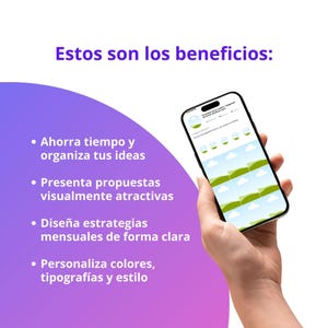 May include: A smartphone displaying a landscape design with green hills and blue skies, held by a hand. The image includes text in Spanish: "Estos son los beneficios:" and bullet points listing benefits like saving time and organizing ideas.