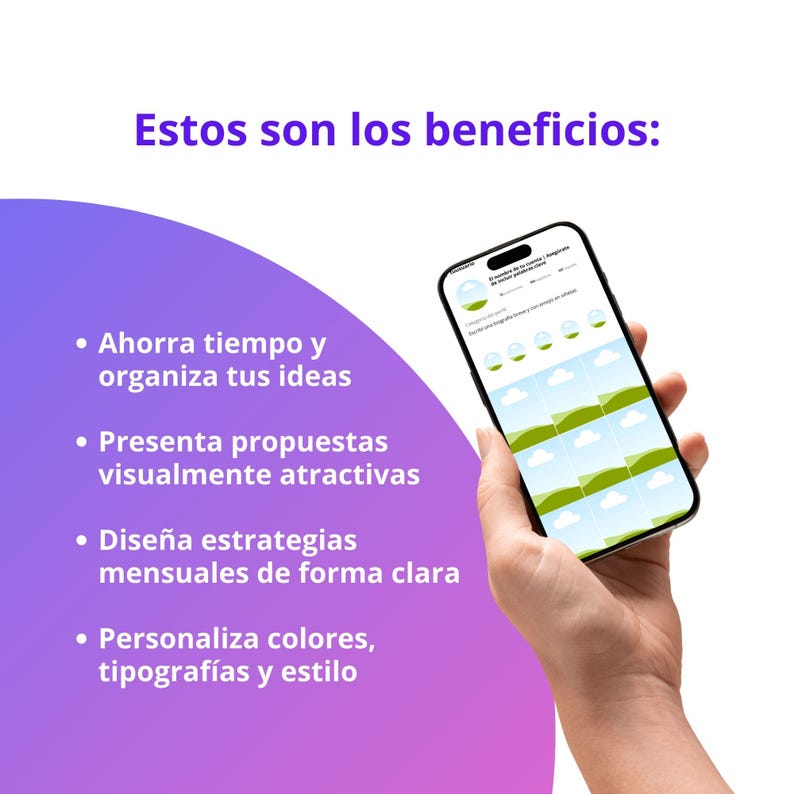 May include: A smartphone displaying a landscape design with green hills and blue skies, held by a hand. The image includes text in Spanish: "Estos son los beneficios:" and bullet points listing benefits like saving time and organizing ideas.