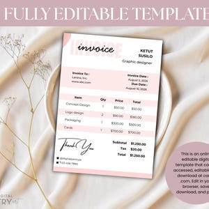 May include: A pink and white invoice template with the text "invoice" at the top. The invoice includes sections for itemized costs, a thank you note, and contact information. The text "FULLY EDITABLE TEMPLATE" is at the top.