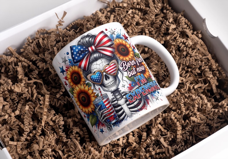 USA 250 Mug Wrap America Skull Mug Wrap Born Free But Now I'm Expensive Mug Wrap Freedom Mug 11oz & 15oz USA Coffee Mug PNG Digital Download