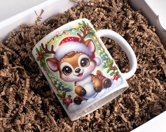 3D Christmas Mug Wrap 11oz & 15oz Christmas Coffee Mug PNG Reindeer Mug Wrap Sublimation Designs Digital Download
