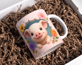 Pig Mug Wrap 11oz & 15oz Pig Coffee Mug PNG 3D Mug Wrap Pig Coffee Cup Hole In A Wall Mug Wrap Sublimation Designs Instant Digital Download