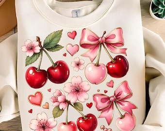 Boho Coquette Cherry PNG T-shirtontwerp bloemenstrik PNG sublimatie ontwerpen digitale download