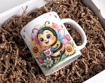 Flower Bee Mug Wrap, 11 oz & 15 oz Coffee Mug PNG, 3D Mug Wrap, Kids Mug Wrap, Sublimation Designs, Digital Download