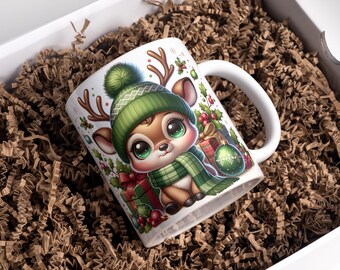 Kerstmok wrap 11oz en 15oz rendier kerst koffiemok png 3D kerstmok png kerstbeker wrap sublimatie ontwerp digitale download