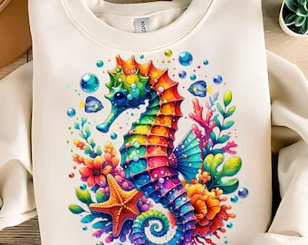 Zeepaardje png, T-shirtontwerp, zeester png, onder de zee png, oceaan png, schelp png, zeedier png, zee png, zeepaardje, clipart zeepaardje, digitale download