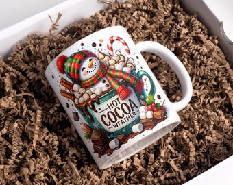Hot Cocoa Weather Mug Wrap 11oz & 15oz Christmas Coffee Mug PNG 3D Christmas Mug Wrap Snowman Mug Wrap Sublimation Designs Digital Download