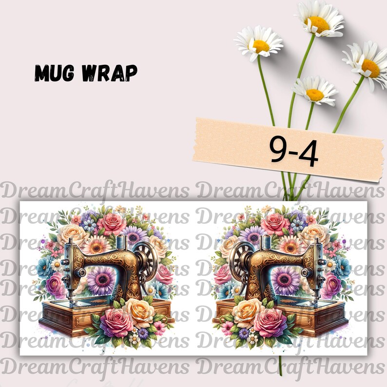 Sewing Machine Mug Wrap 11 oz & 15 oz Coffee Mug PNG 3D Mug Wrap Floral Mug Wrap Flower Mug Wrap Sublimation Designs Digital Download