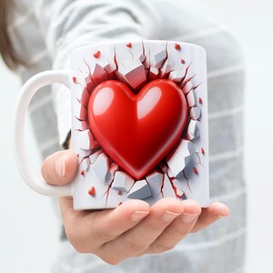 Red Heart Mug Wrap 11 oz & 15 oz Coffee Mug PNG Valentine's Day Mug Wrap 3D Hole In A Wall Mug Wrap Sublimation Designs Digital Download