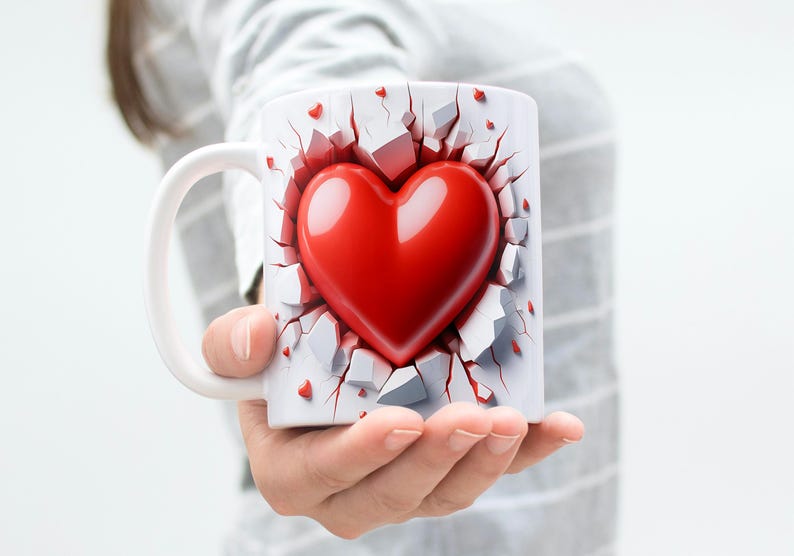 Red Heart Mug Wrap 11 oz & 15 oz Coffee Mug PNG Valentine's Day Mug Wrap 3D Hole In A Wall Mug Wrap Sublimation Designs Digital Download