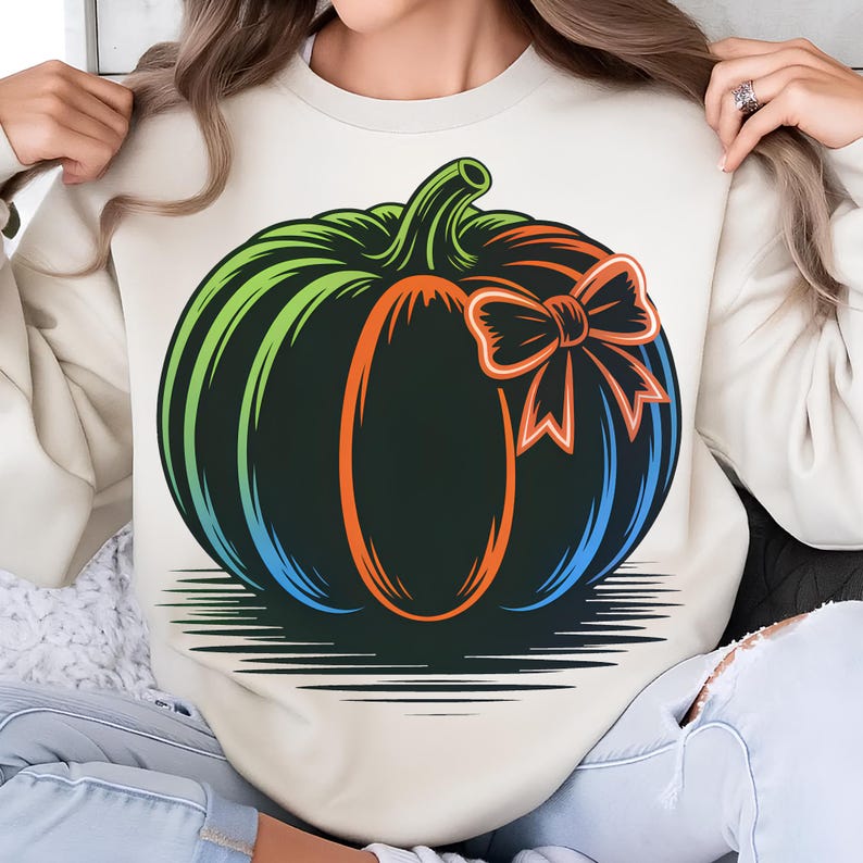 Neon Pumpkin Bow PNG T-Shirt Design Trendy Fall PNG Fall Design PNG Preppy Fall Png Pumpkin Png Sublimation Design Digital Download
