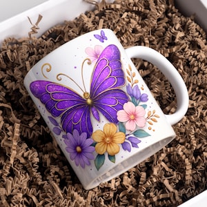 Purple Butterfly Mug Wrap 11oz & 15oz Coffee Mug PNG Butterfly Cup Wrap Butterfly Coffee Mug Floral Mug Sublimation Designs Digital Download