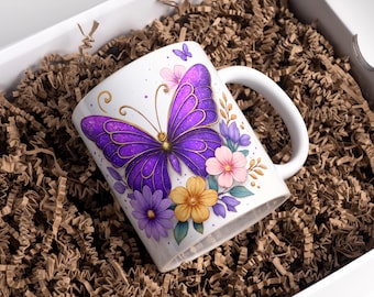 Purple Butterfly Mug Wrap 11oz & 15oz Coffee Mug PNG Butterfly Cup Wrap Butterfly Coffee Mug Floral Mug Sublimation Designs Digital Download