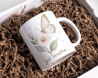 Just Breathe Mug Wrap 11oz & 15oz Coffee Mug PNG Butterfly Mug Wrap Digital Download
