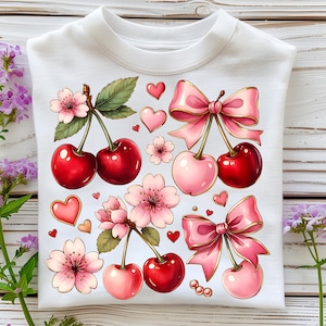 Boho Coquette Cherry PNG T-Shirt Design Floral Bow PNG Sublimation Designs Digital Download