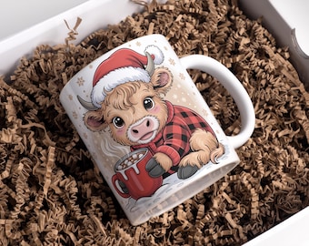 Christmas Highland Cow Mug Wrap 11oz& 15oz Christmas Coffee Mug PNG Christmas Mug PNG Christmas Mug Wrap Sublimation Design Digital Download