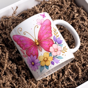 Pink Butterfly Mug Wrap 11oz & 15oz Coffee Mug PNG Butterfly Cup Wrap Butterfly Coffee Mug Floral Mug Sublimation Designs Digital Download