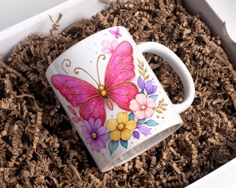 Pink Butterfly Mug Wrap 11oz & 15oz Coffee Mug PNG Butterfly Cup Wrap Butterfly Coffee Mug Floral Mug Sublimation Designs Digital Download
