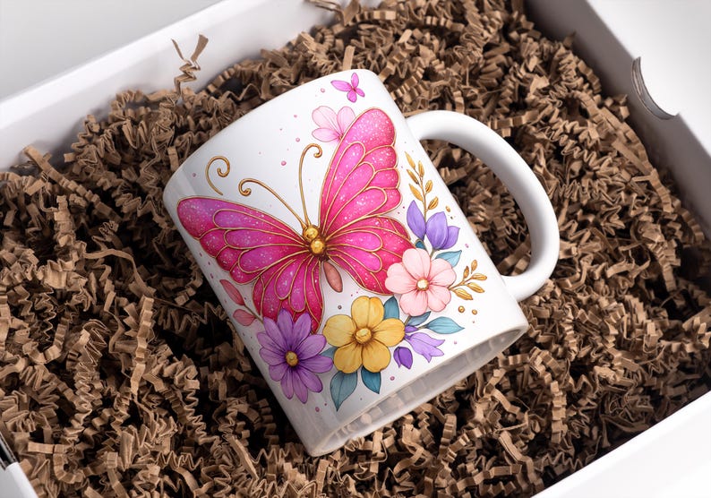 Pink Butterfly Mug Wrap 11oz & 15oz Coffee Mug PNG Butterfly Cup Wrap Butterfly Coffee Mug Floral Mug Sublimation Designs Digital Download