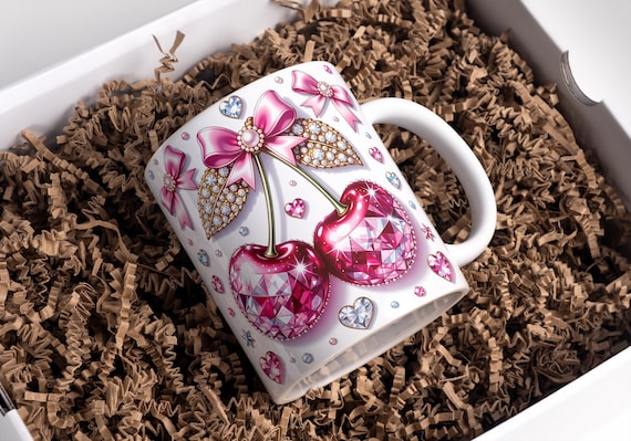 Cherry Mug Wrap, 11oz & 15oz Cherry Coquette Bow Coffee Mug PNG, 3D Mug Wrap, Girly Mug Wrap, Heart Mug Wrap, Digital Download