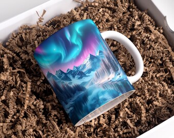 Kubek Northern Lights 11oz i 15oz Kubek do kawy PNG Kubek górski Kubek rzeczny Kubek z zorzą polarną Projekt sublimacji Pobierz cyfrowo