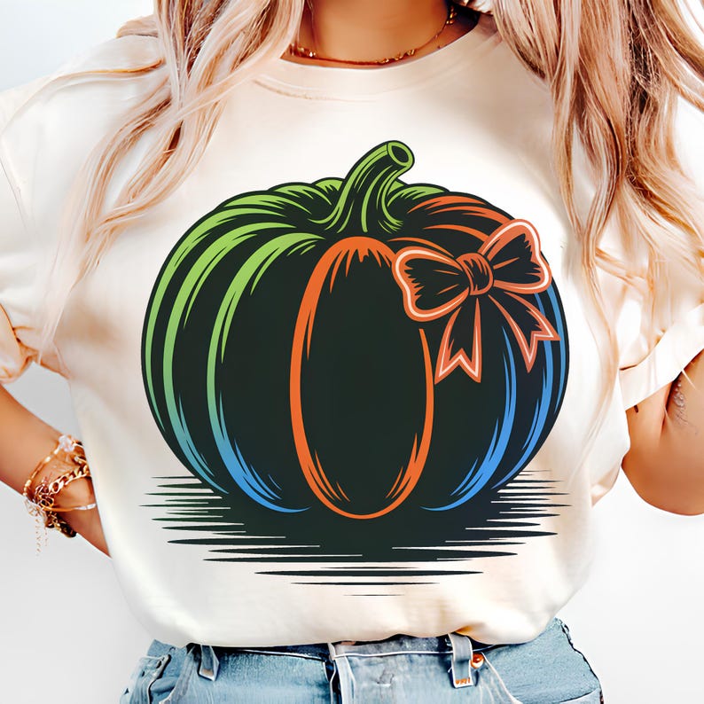 Neon Pumpkin Bow PNG T-Shirt Design Trendy Fall PNG Fall Design PNG Preppy Fall Png Pumpkin Png Sublimation Design Digital Download