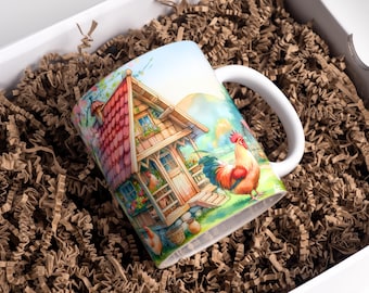 Watercolor Chicken Mug Wrap 11oz & 15oz Coffee Mug PNG Farm Mug Wrap Mountain Mug Wrap Rooster Mug Wrap Sublimation Designs Digital Download
