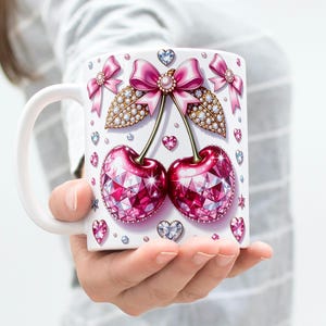 Cherry Mug Wrap, 11oz & 15oz Cherry Coquette Bow Coffee Mug PNG, 3D Mug Wrap, Girly Mug Wrap, Heart Mug Wrap, Digital Download