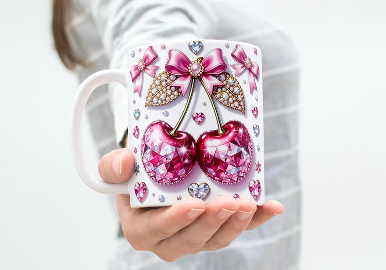 Cherry Mug Wrap, 11oz & 15oz Cherry Coquette Bow Coffee Mug PNG, 3D Mug Wrap, Girly Mug Wrap, Heart Mug Wrap, Digital Download
