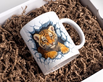 Baby Tiger Mug Wrap 11oz & 15oz Coffee Mug PNG 3D Animal Mug Wrap Hole In A Wall Mug Wrap Sublimation Designs Digital Download