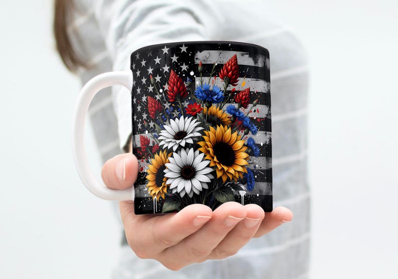 USA Mug Wrap, 4th Of July Mug, America Mug Wrap, American Flag Sunflower Mug Wrap, 11oz & 15oz Coffee Mug PNG, Digital Download