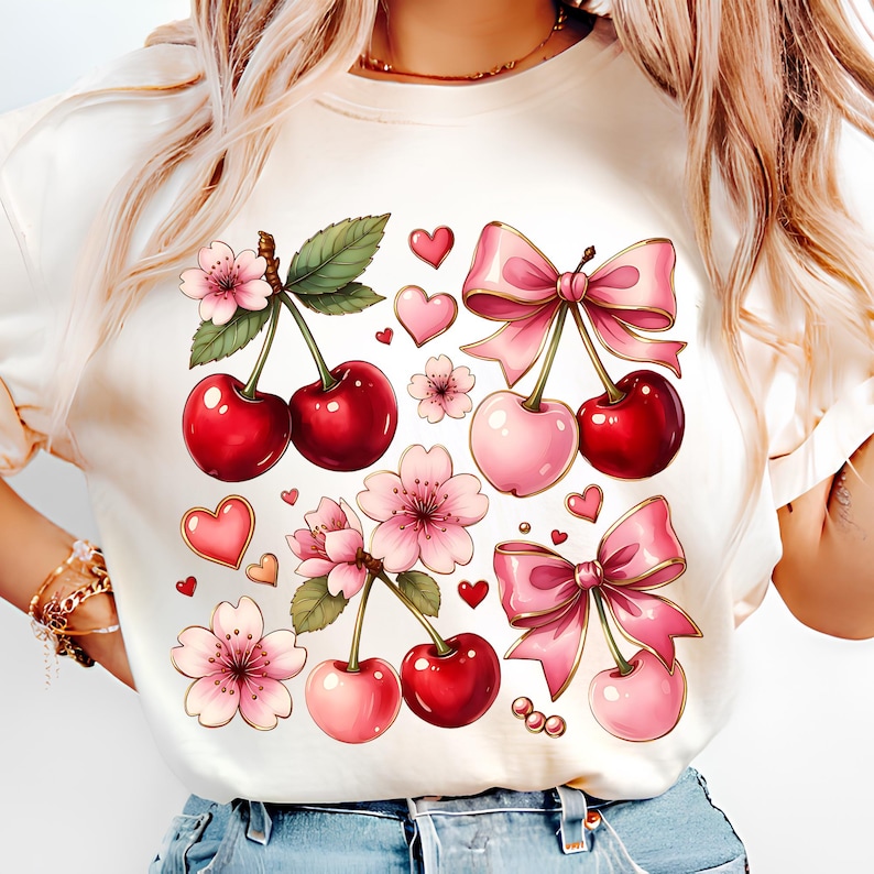 Boho Coquette Cherry PNG T-Shirt Design Floral Bow PNG Sublimation Designs Digital Download