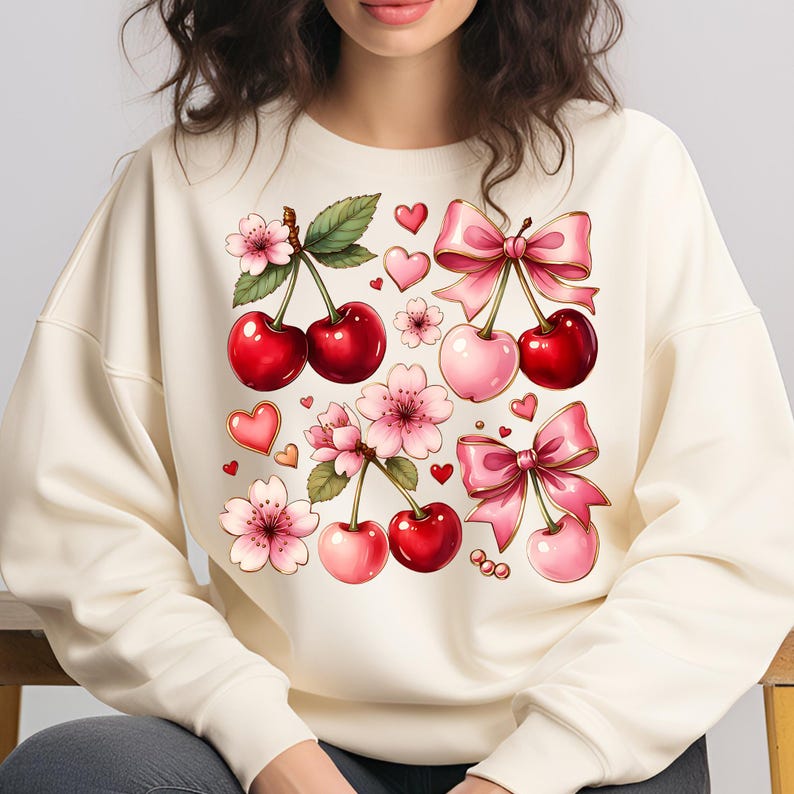 Boho Coquette Cherry PNG T-Shirt Design Floral Bow PNG Sublimation Designs Digital Download