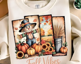 Diseño de camiseta PNG con vibraciones otoñales, espantapájaros PNG, otoño PNG, otoño preppy PNG, otoño moderno PNG, diseños de sublimación de camisetas, descarga digital