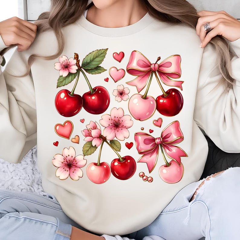 Boho Coquette Cherry PNG T-Shirt Design Floral Bow PNG Sublimation Designs Digital Download